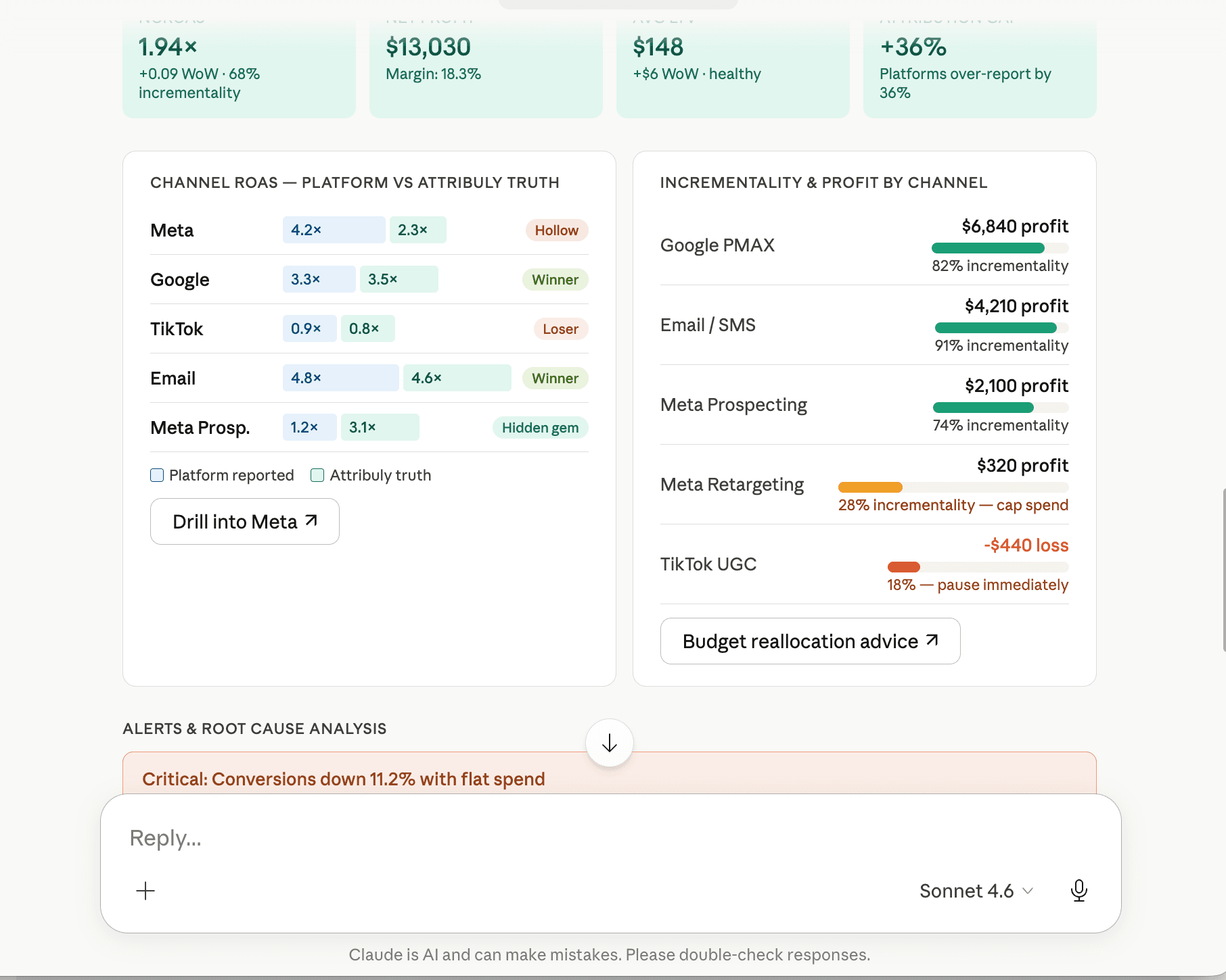 Claude interface showing Channel ROAS, Incrementality, and Root Cause Analysis