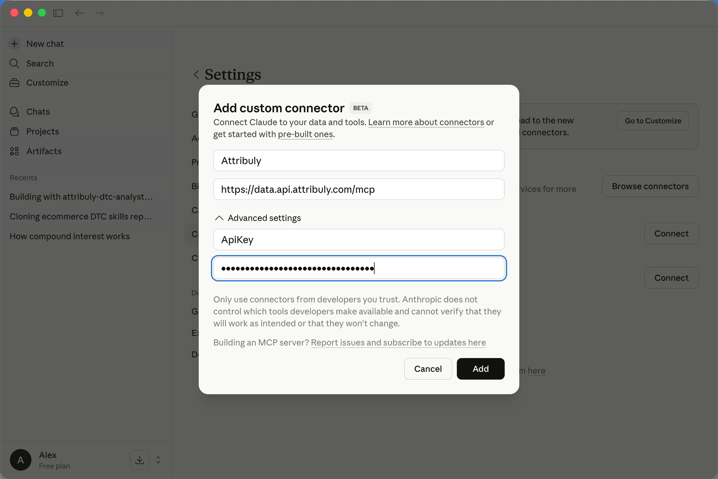 Add custom connector in Claude with Attribuly API