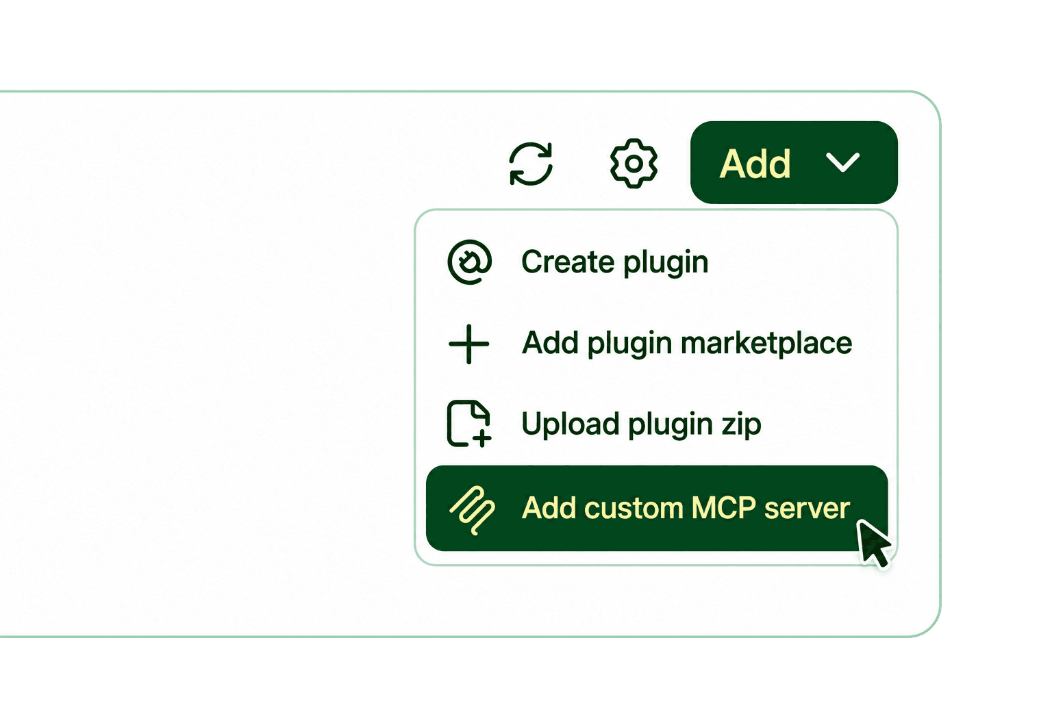 ChatGPT upper-right Add dropdown with Add custom MCP server highlighted