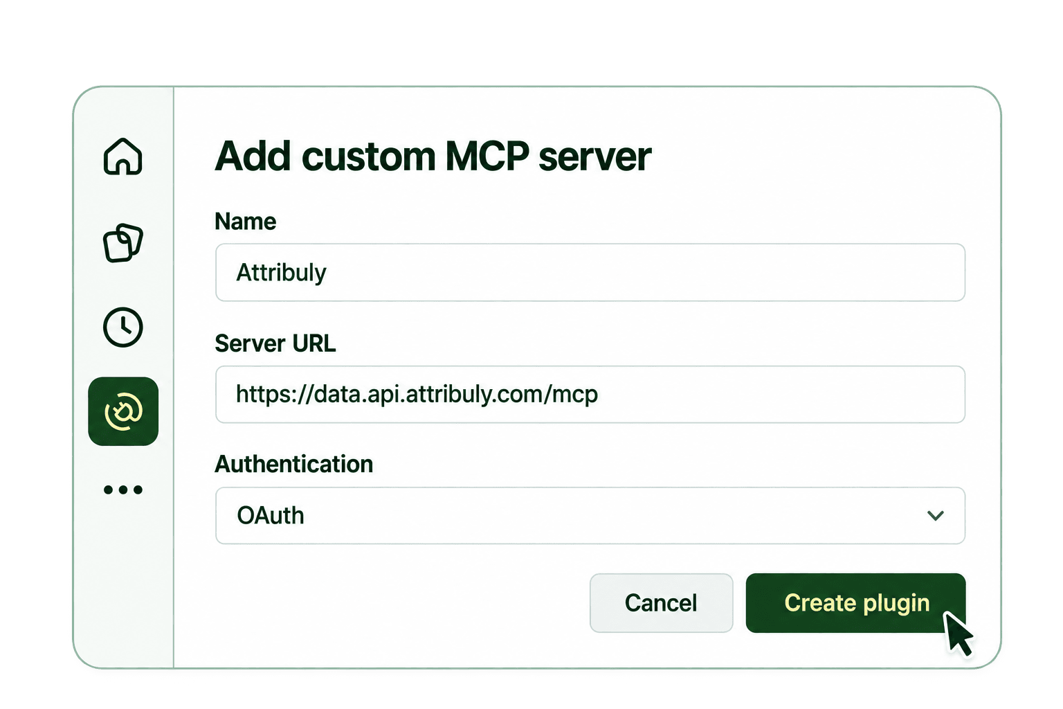 ChatGPT MCP form illustration showing Attribuly, server URL https://data.api.attribuly.com/mcp, OAuth and the Create plugin button