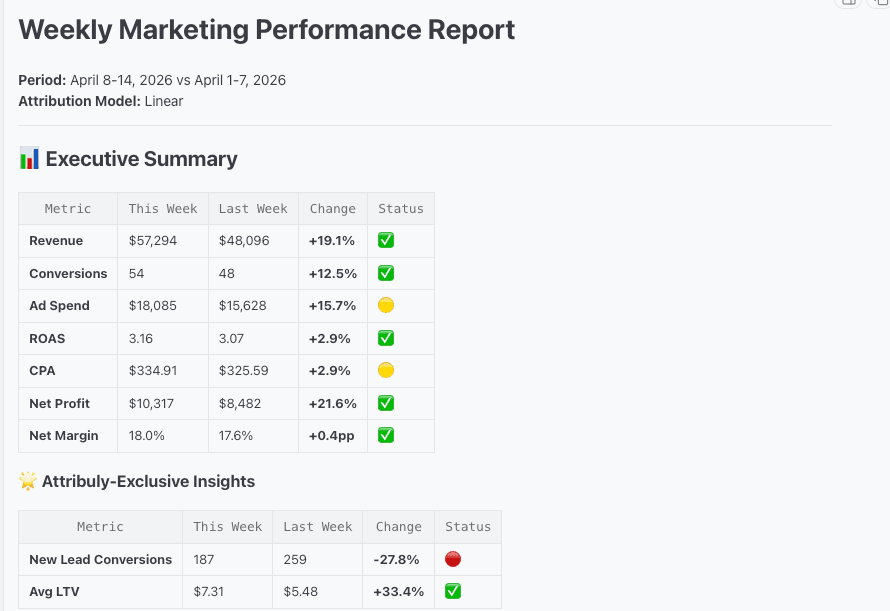 Weekly marketing performance report with executive summary and attribution model details