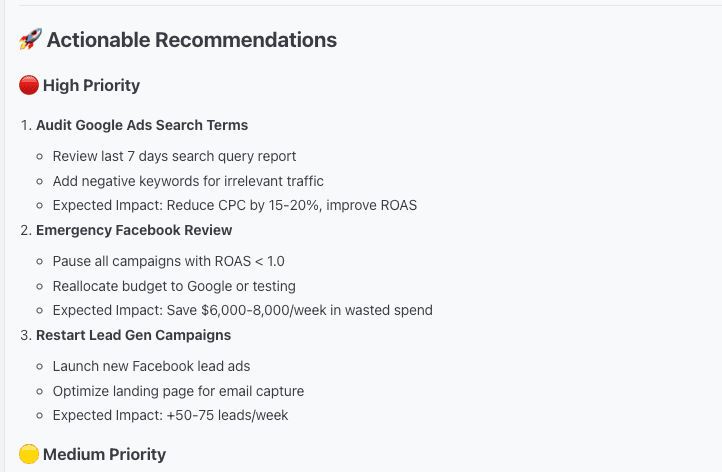 Actionable recommendations list with high priority tasks for Google Ads and Facebook